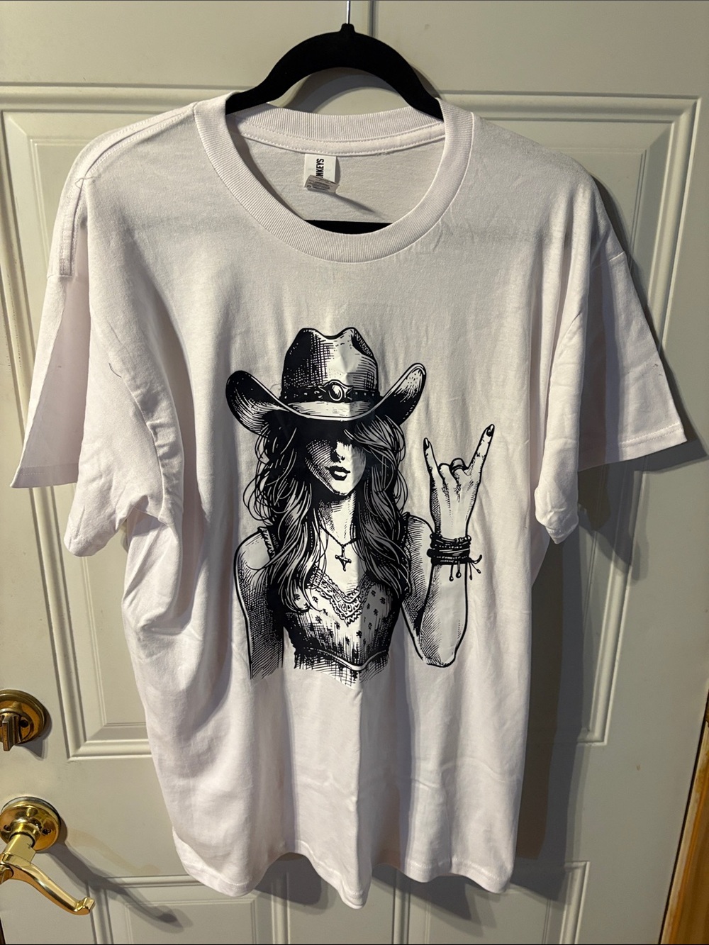 3 Monkeys Cowgirl Graphic Tee - White with Black Print Size Medium